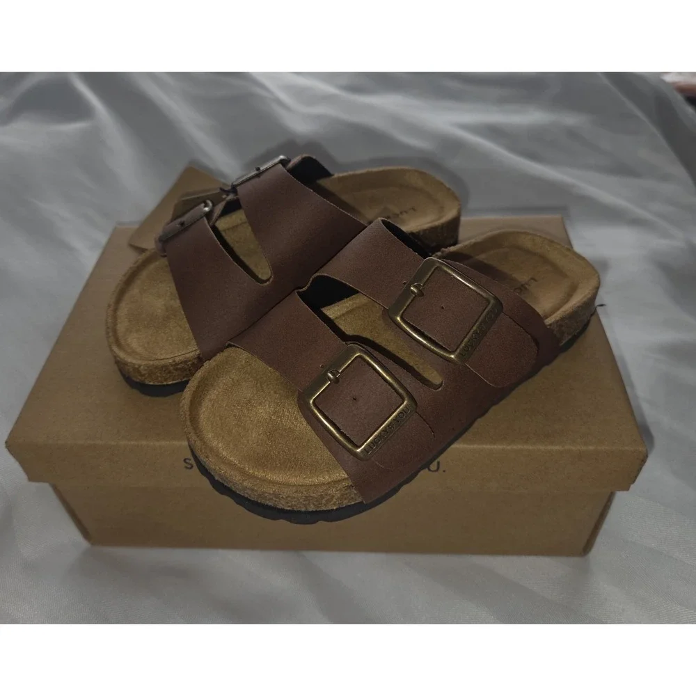 Lucky Brand‎ Blanc Kids Brown Dual Strap Buckle Slide Sandals Size 3